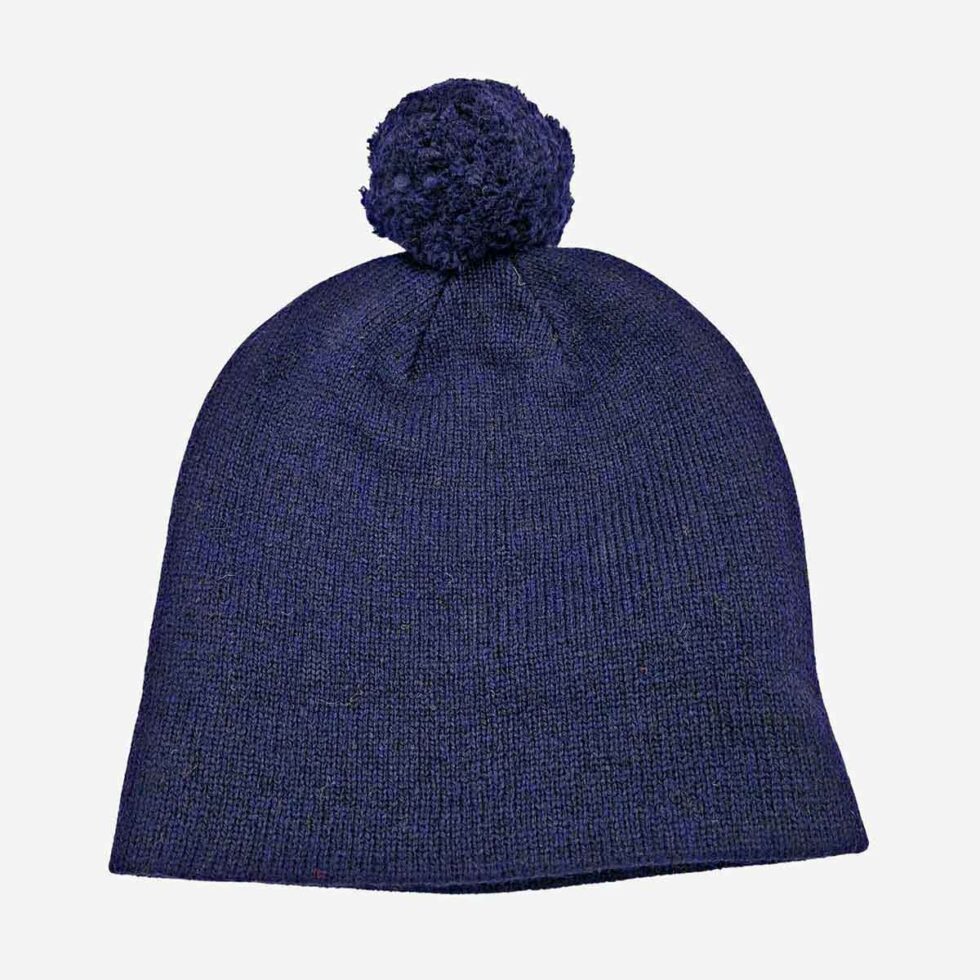 Back view of navy blue Strachan wool beanie with smooth knit finish