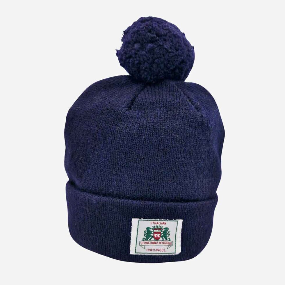 Front view of Strachan plain navy blue 100% wool beanie with stitched logo tab