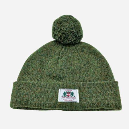Top view of Strachan olive wool beanie with plain knit design and front Strachan logo tab