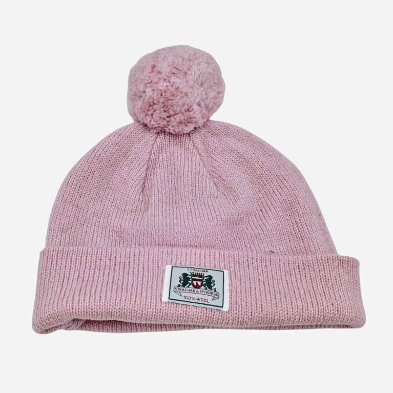 Top view of Strachan plain pink wool beanie with stitched Strachan logo tab at front