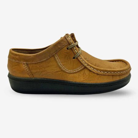 Grasshopper Crater silk light tan leather shoe side front angle with lace-up closure and crater texture