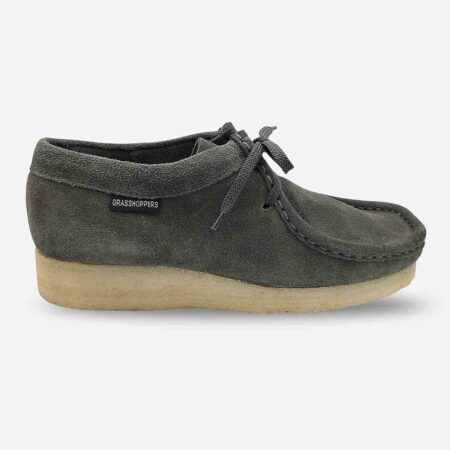 Grasshopper Dax Charcoal Suede shoe side front with logo tag visible