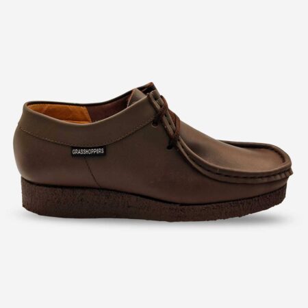 Grasshopper Denver dark brown softee leather shoe side front angle with lace-up closure
