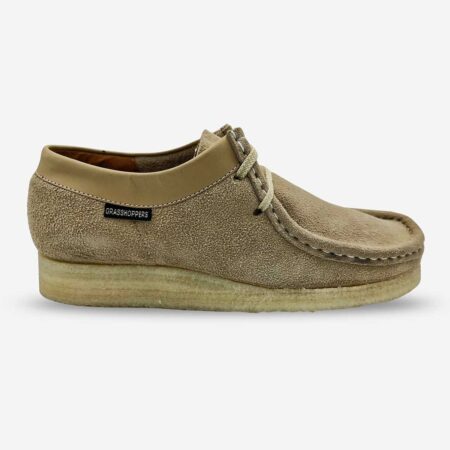 Grasshopper Denver suede tobacco beige shoe side front angle with stitched upper and laces