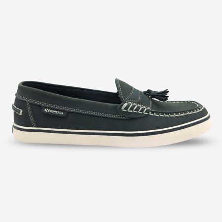 Superga 2006 NBKM deep lake blue tassel moccasin, side-front view showing stitched upper and tassel detail