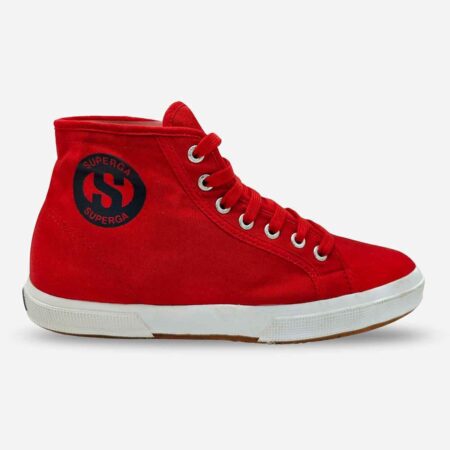 Superga 2095 Cotlogu high-top boot in red, side-front view with visible navy ‘S’ logo and metal eyelets