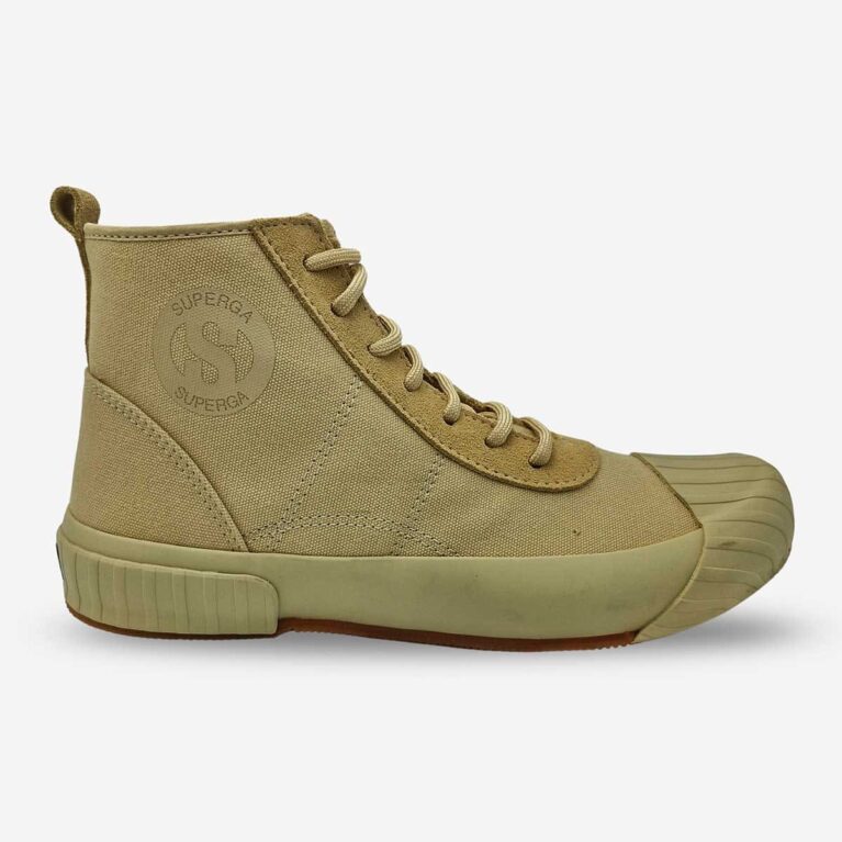 Superga 228 Cotu mid-cut boot in full beige, side-front angle with visible ankle ‘S’ logo and suede accents