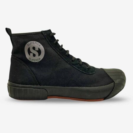 Superga 228 Cotu mid-cut boot in full black, side-front view with visible ankle ‘S’ logo and suede accents