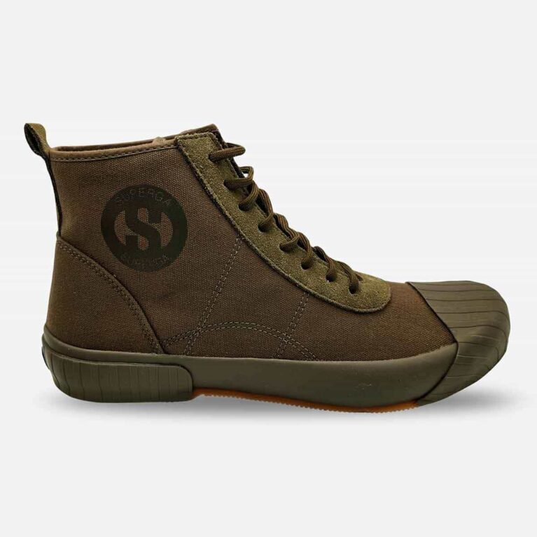 Superga 228 Cotu mid-cut boot in full brown military, side-front angle with visible ankle ‘S’ logo and suede accents