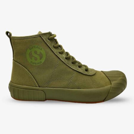 Superga 228 Cotu mid-cut boot in full green olive, side-front angle with visible ankle ‘S’ logo and suede accents