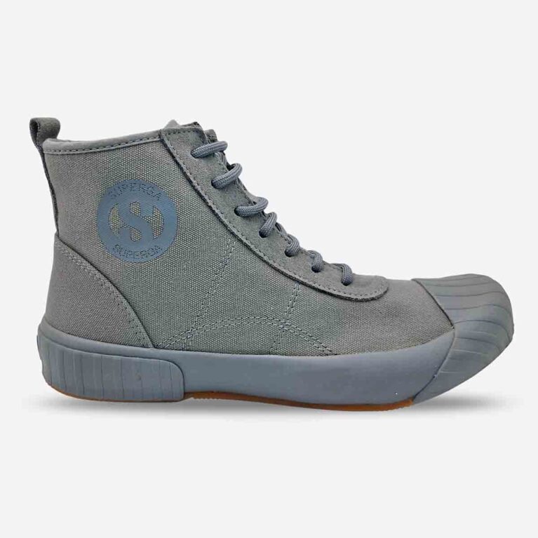 Superga 228 Cotu mid-cut boot in full grey sage, side-front view with visible ankle ‘S’ logo and suede accents