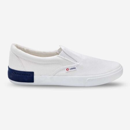 Superga 2311 slip-on sneaker in white, side-front view with visible side tab and blue heel detail