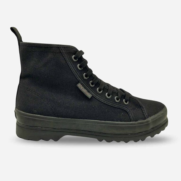 Superga 2341 Alpina high-top boot in black, side-front view with visible side tab and gold heel lettering