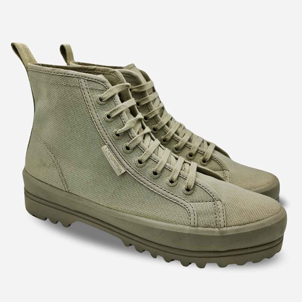 Pair of Superga 2341 Alpina grey boots, angled view showing side and front of both high-top boots