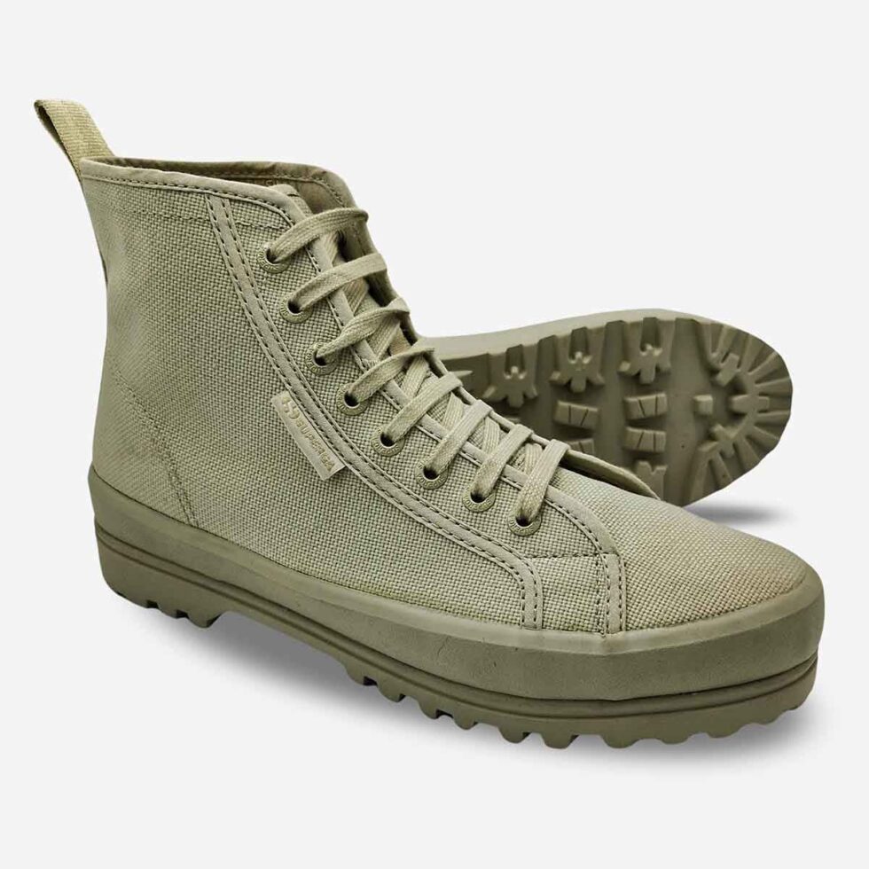 Grey Superga 2341 Alpina boots, angled pair showing thick vulcanised lug sole and canvas upper