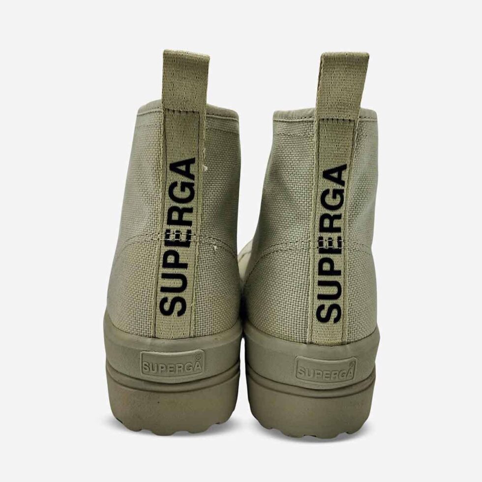 Rear view of Superga 2341 Alpina grey boot showing heel, black lettering, pull tab, and lug sole