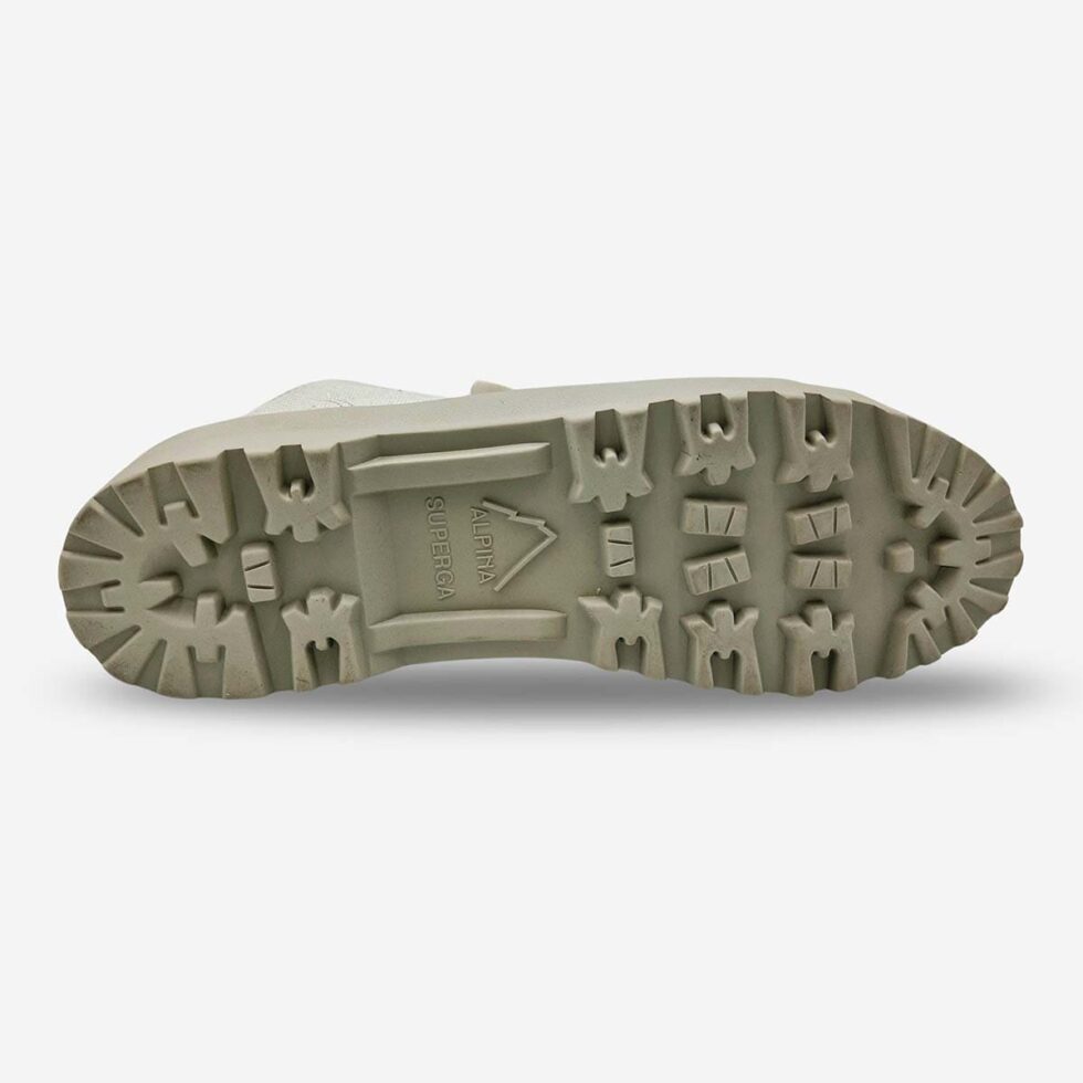 Vulcanised rubber lug sole of Superga 2341 Alpina grey boot showing tread pattern