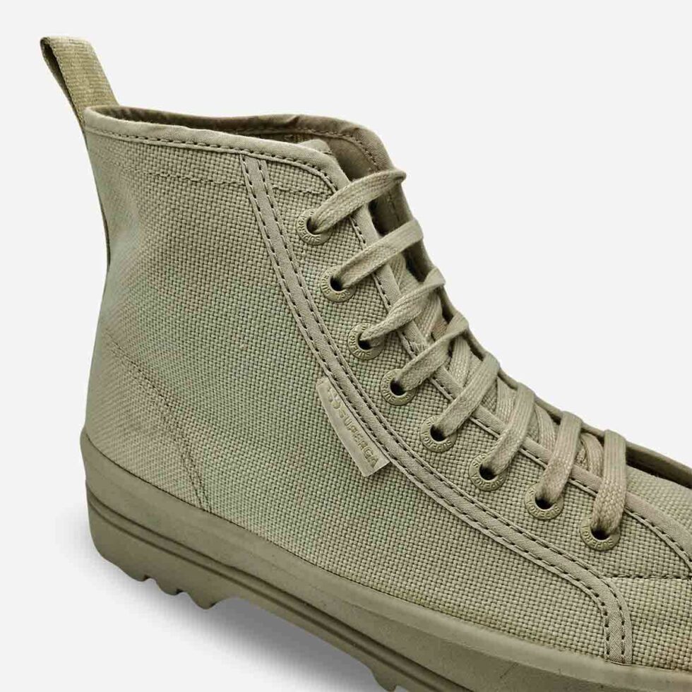 Superga 2341 Alpina high-top boot in grey canvas with black heel lettering and metal eyelets