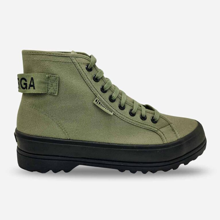 Superga 2341 Alpina olive green sneaker-boot, side-front view showing side tab branding and black heel logo
