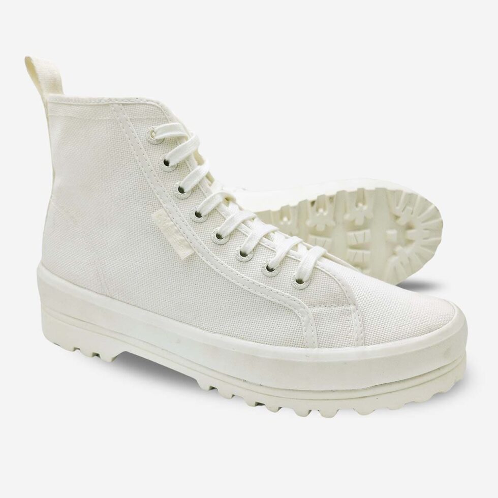White Superga 2341 Alpina boots, angled pair showing thick vulcanised lug sole and canvas upper