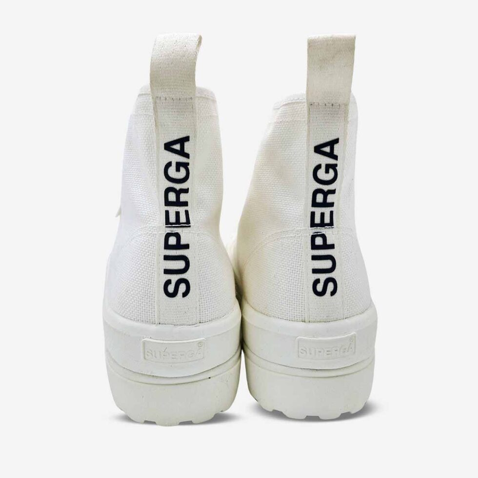 Rear view of Superga 2341 Alpina white boot showing heel, black lettering, pull tab, and lug sole