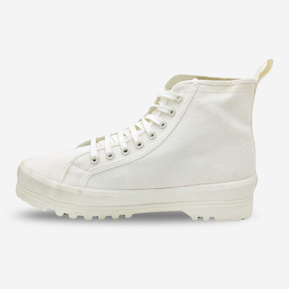 Superga 2341 Alpina boot in white, inner side showing smooth canvas upper and practical lacing