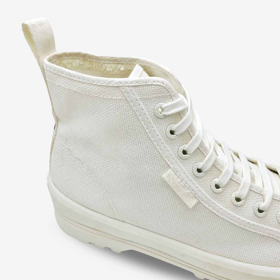Superga 2341 Alpina high-top boot in white canvas with black heel tab lettering and metal eyelets