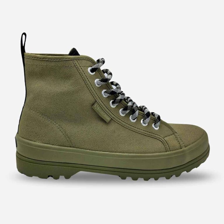 Superga 2431 Alpina olive green boots, side-front view showing side tab branding and black-white trek laces