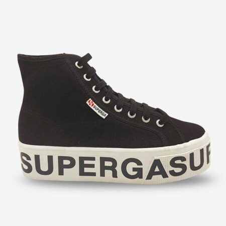 Superga 2708 Cotu platform boot in black, side-front view with visible side tab and outsole lettering