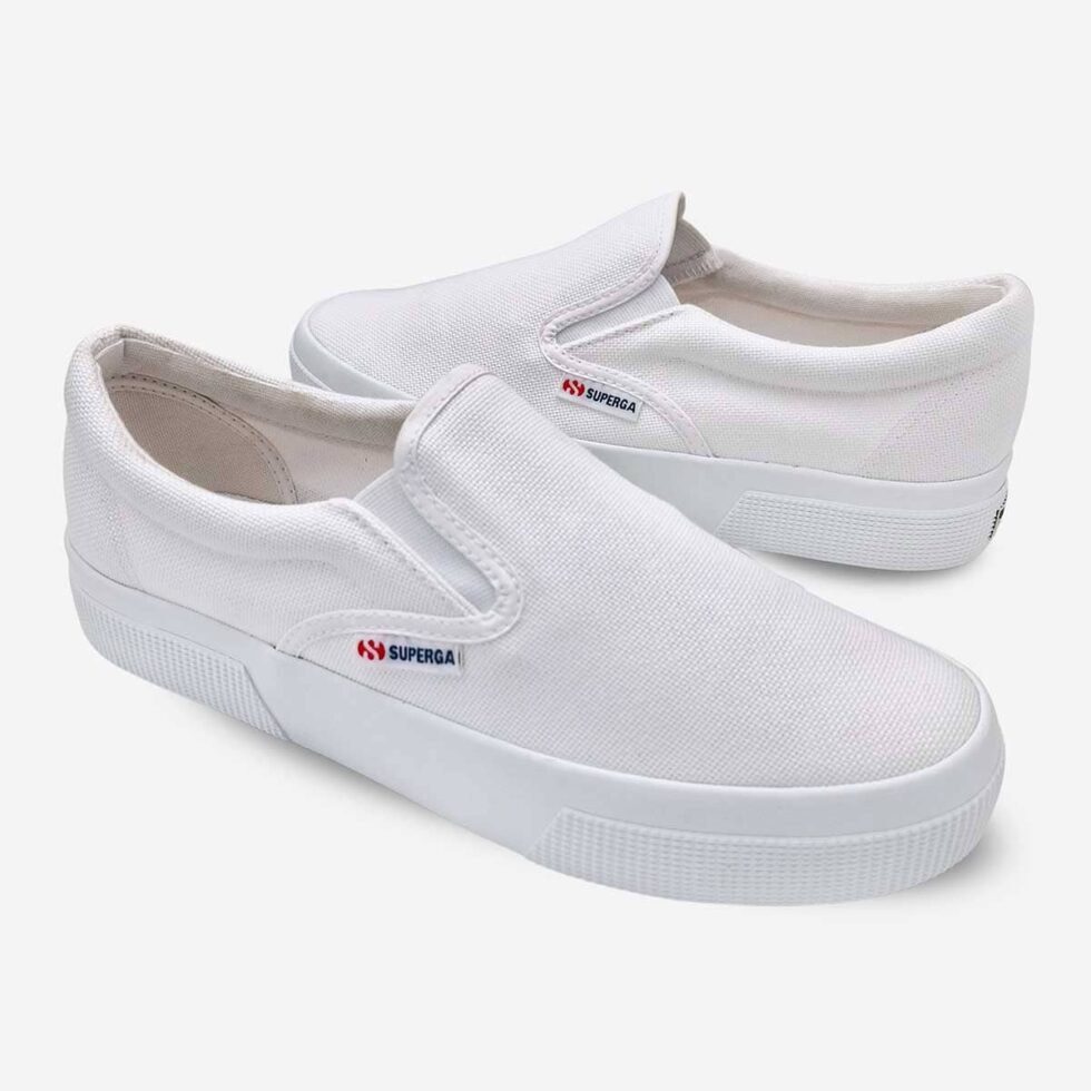Superga 2740 white platform slip-on sneakers, mirrored pair showing both shoes