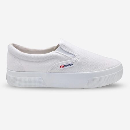 Superga 2740 white platform slip-on sneaker, side-front view with visible side tab and elastic detail
