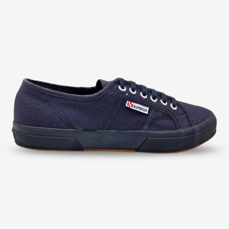 Superga 2750 Cotu low-top sneaker in dark blue grey, side-front angle with visible Superga side tab