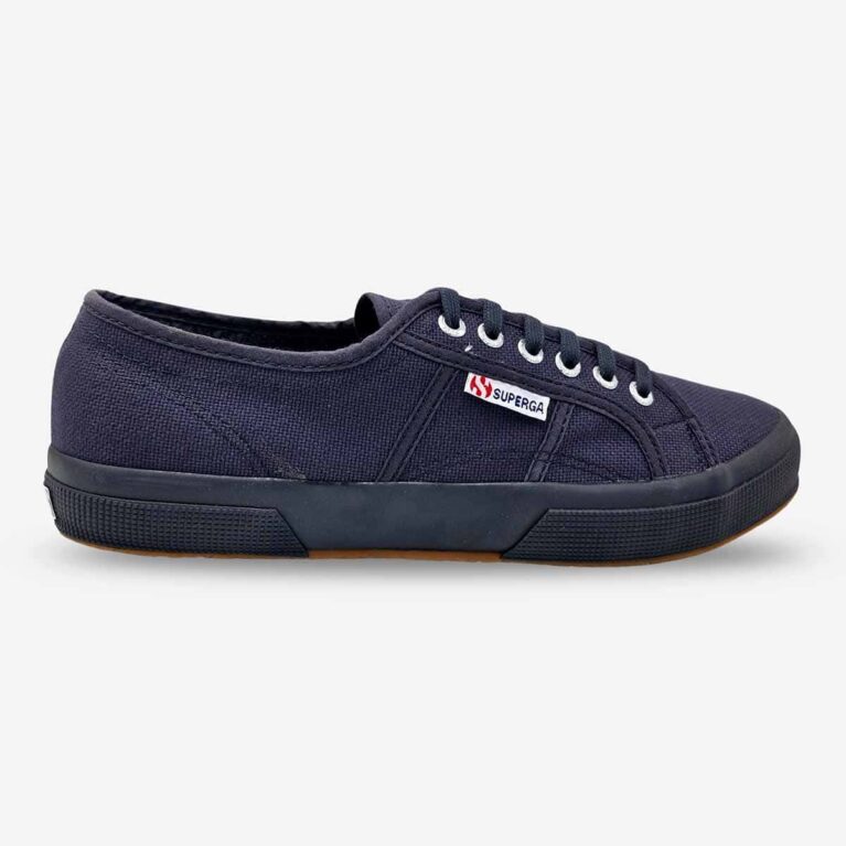 Superga 2750 Cotu low-top sneaker in dark blue grey, side-front angle with visible Superga side tab