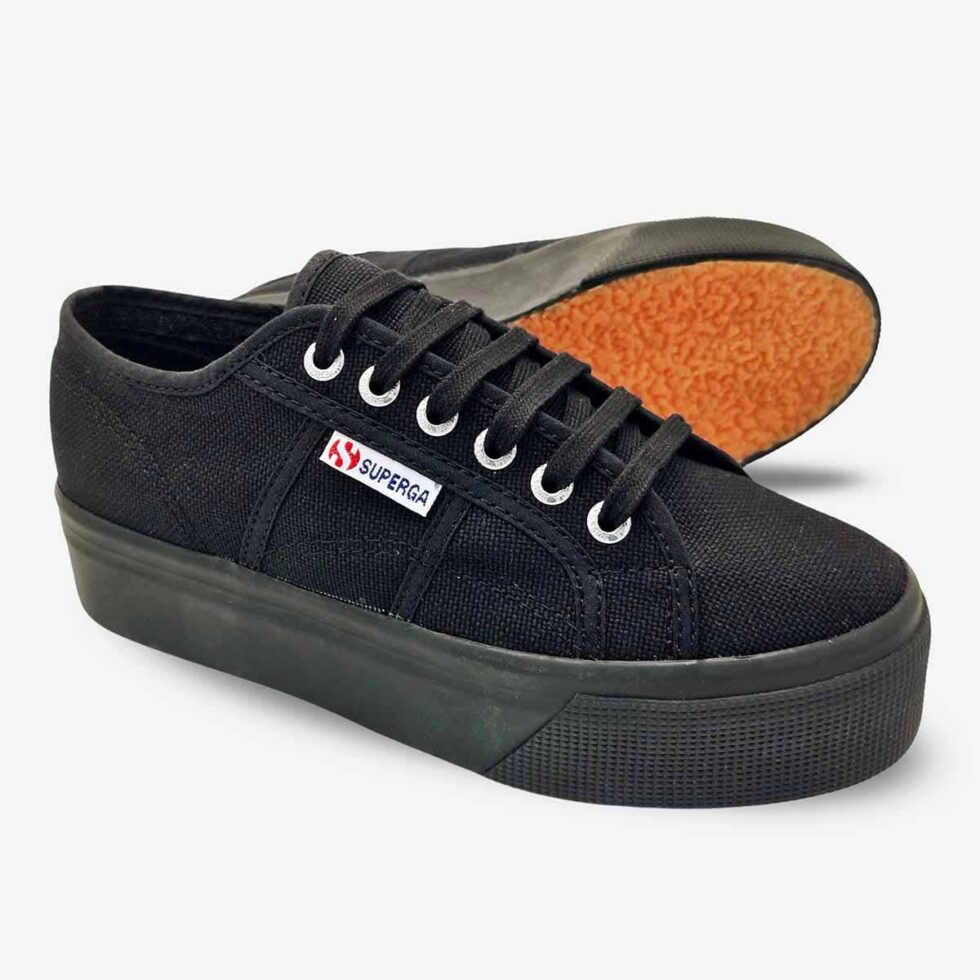 Full black Superga 2790 platform sneakers, angled pair showing thick rubber flatform sole