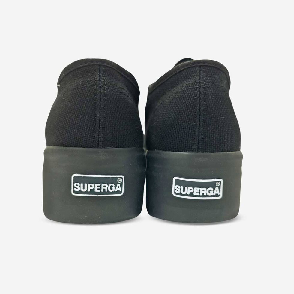 Rear view of Superga 2790 full black platform sneaker showing heel and thick rubber sole