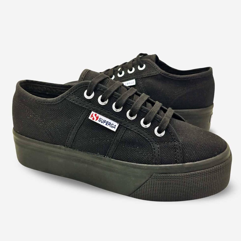 Superga 2790 full black platform sneakers, mirrored pair showing both shoes from opposite angles
