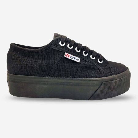 Superga 2790 platform sneaker in full black, side-front view with subtle side tab branding