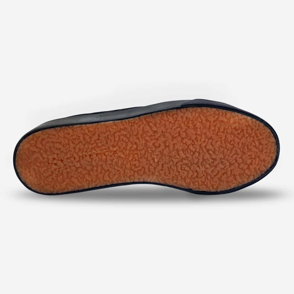 Vulcanised rubber flatform sole of Superga 2790 full black sneaker showing tread pattern