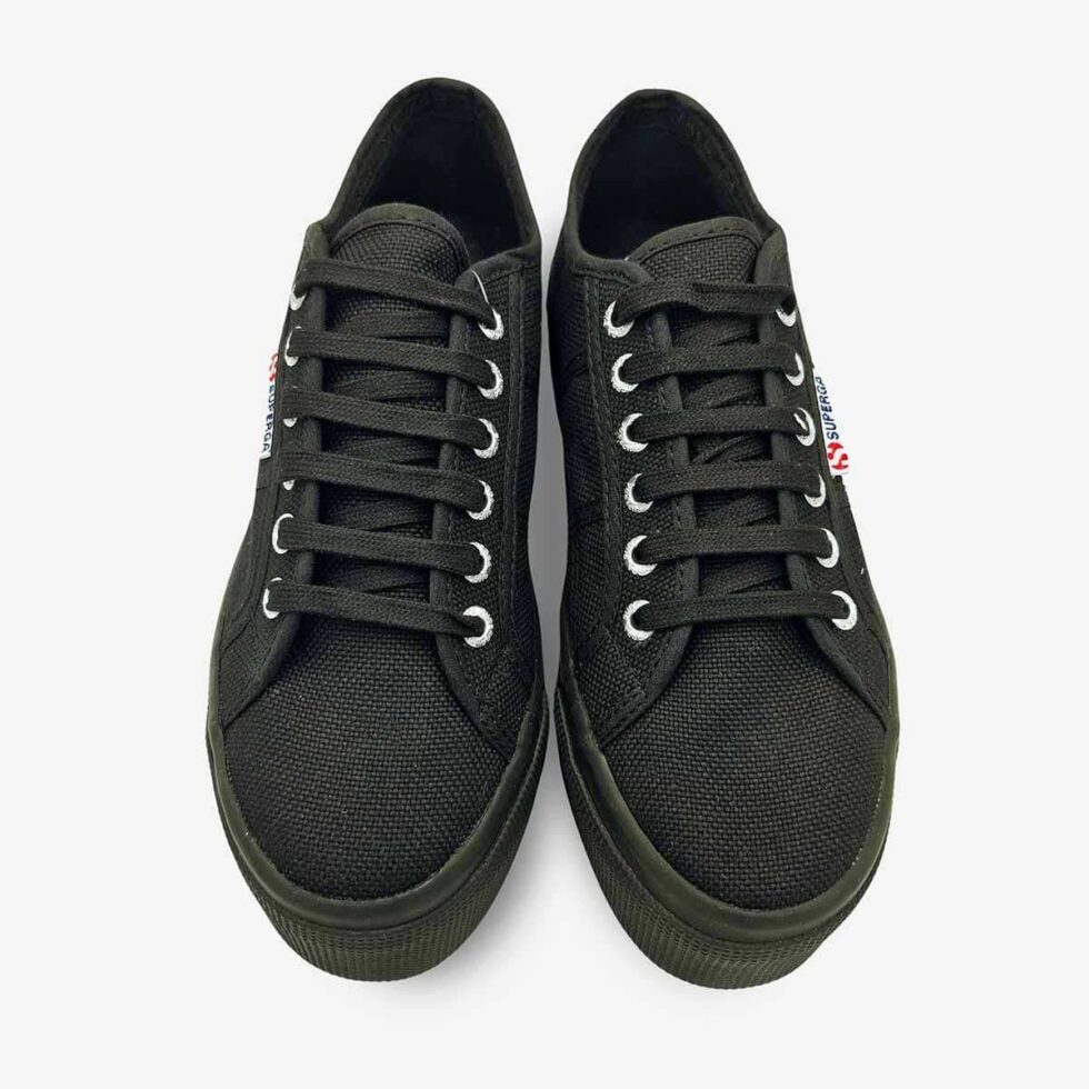 Top view of Superga 2790 full black platform sneakers showing lace-up design and unlined canvas