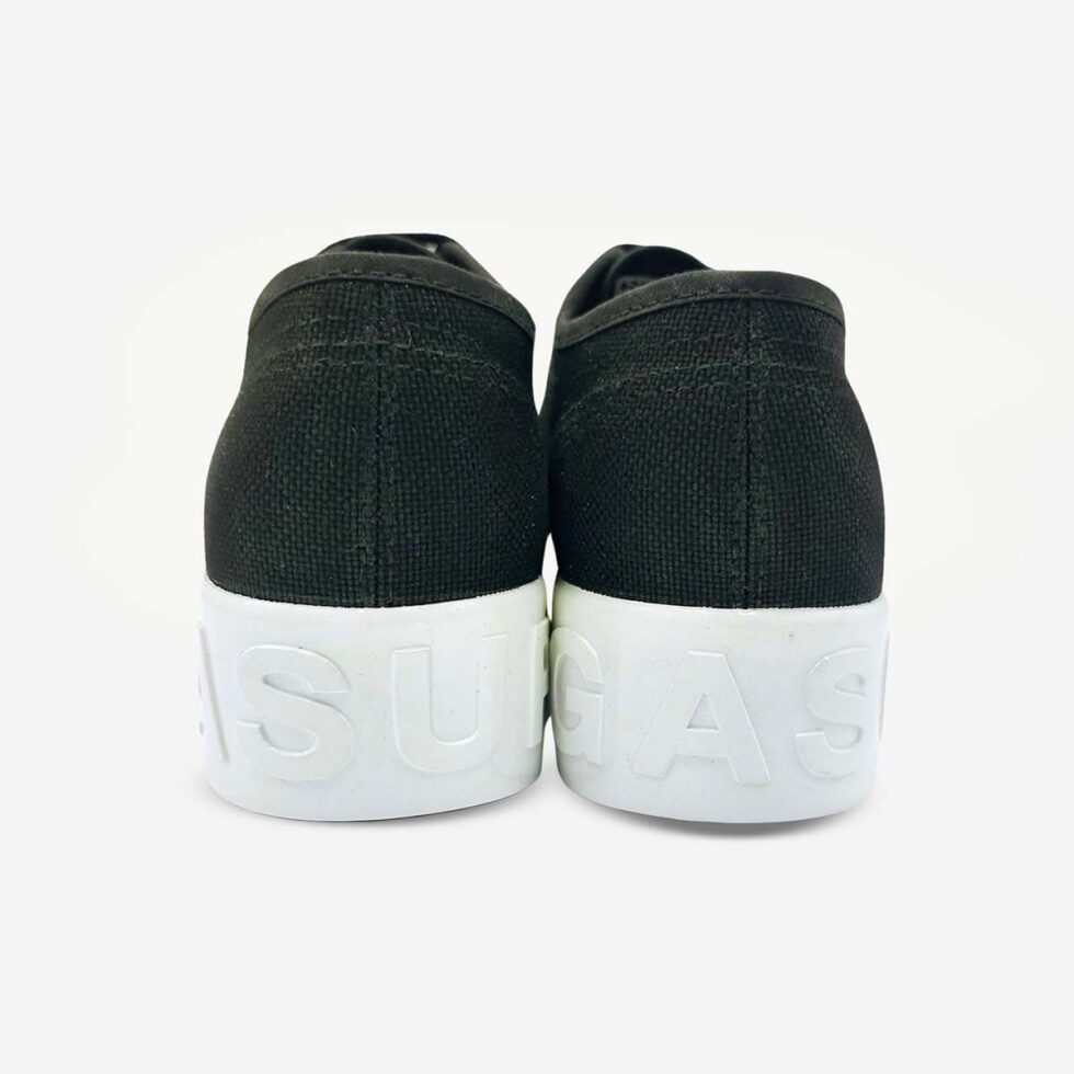 Rear view of Superga 2790 black platform sneaker showing heel and white 3D lettering on sole