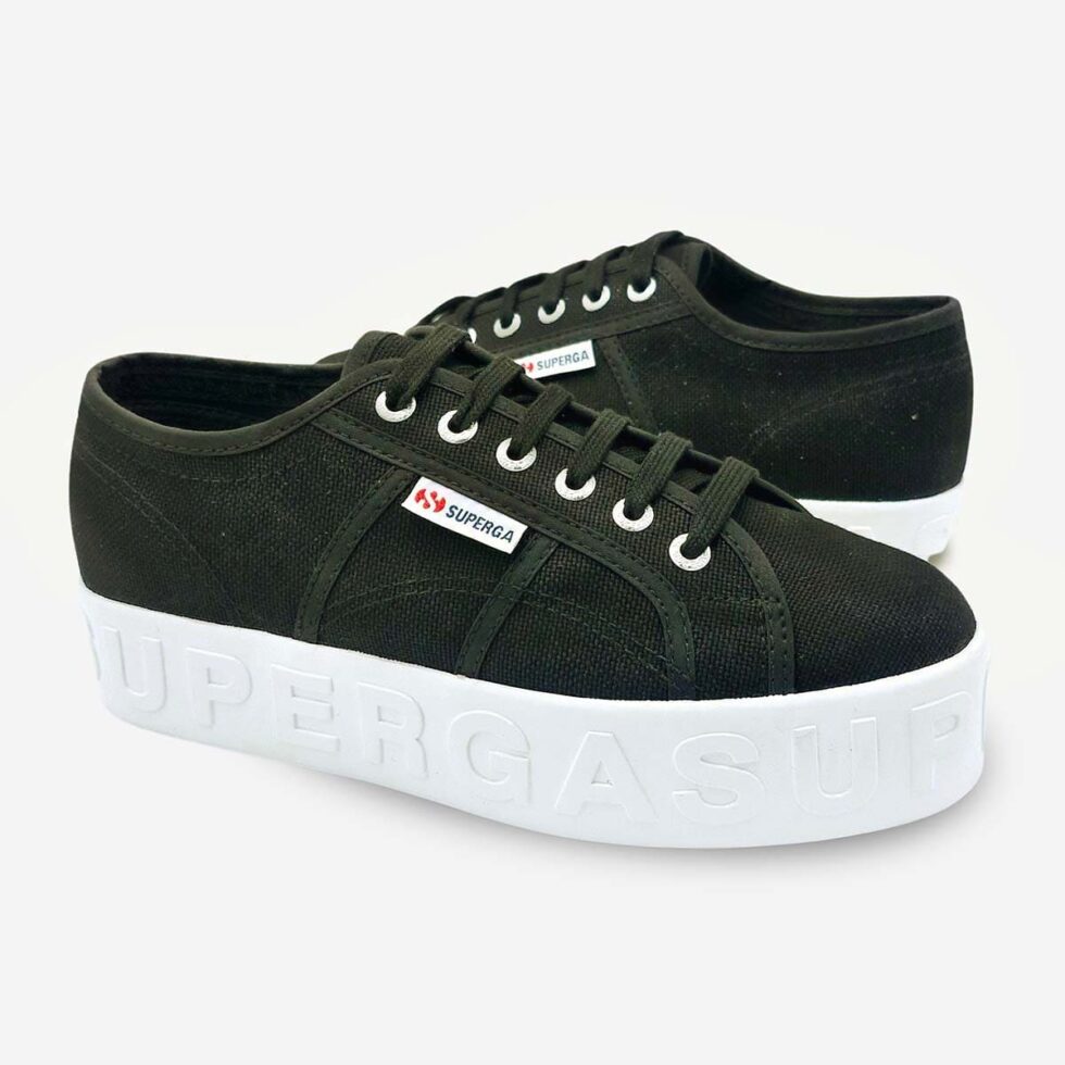 Superga 2790 black platform sneakers with shiny 3D lettering, mirrored pair showing both shoes