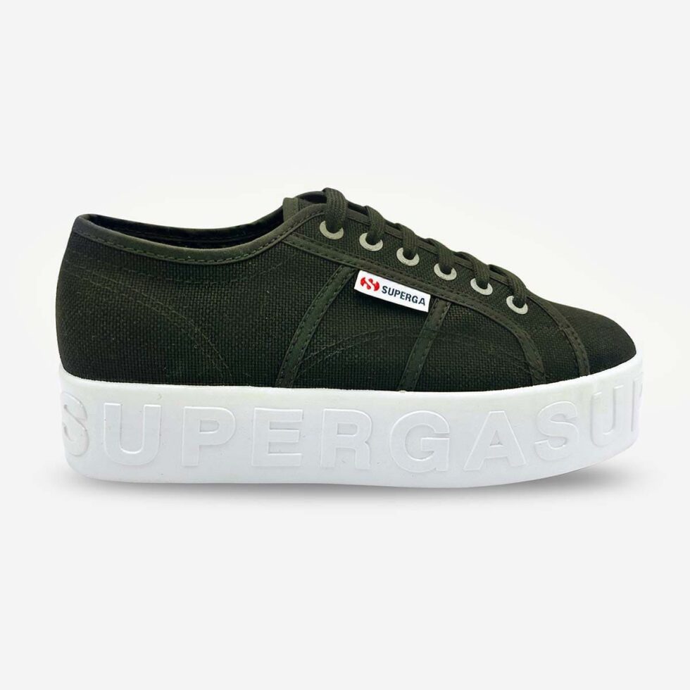 Superga 2790 platform sneaker in black, side-front view with side tab and 3D lettering on sole
