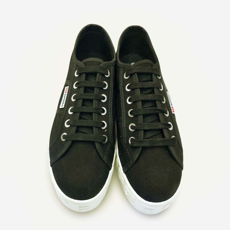Top view of Superga 2790 black platform sneakers showing lace-up canvas upper and clean finish