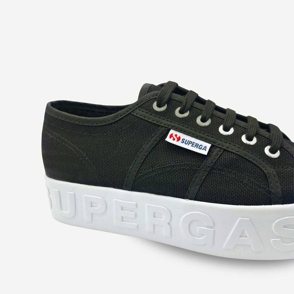 Superga 2790 platform sneaker in black canvas with shiny white 3D lettering on outsole
