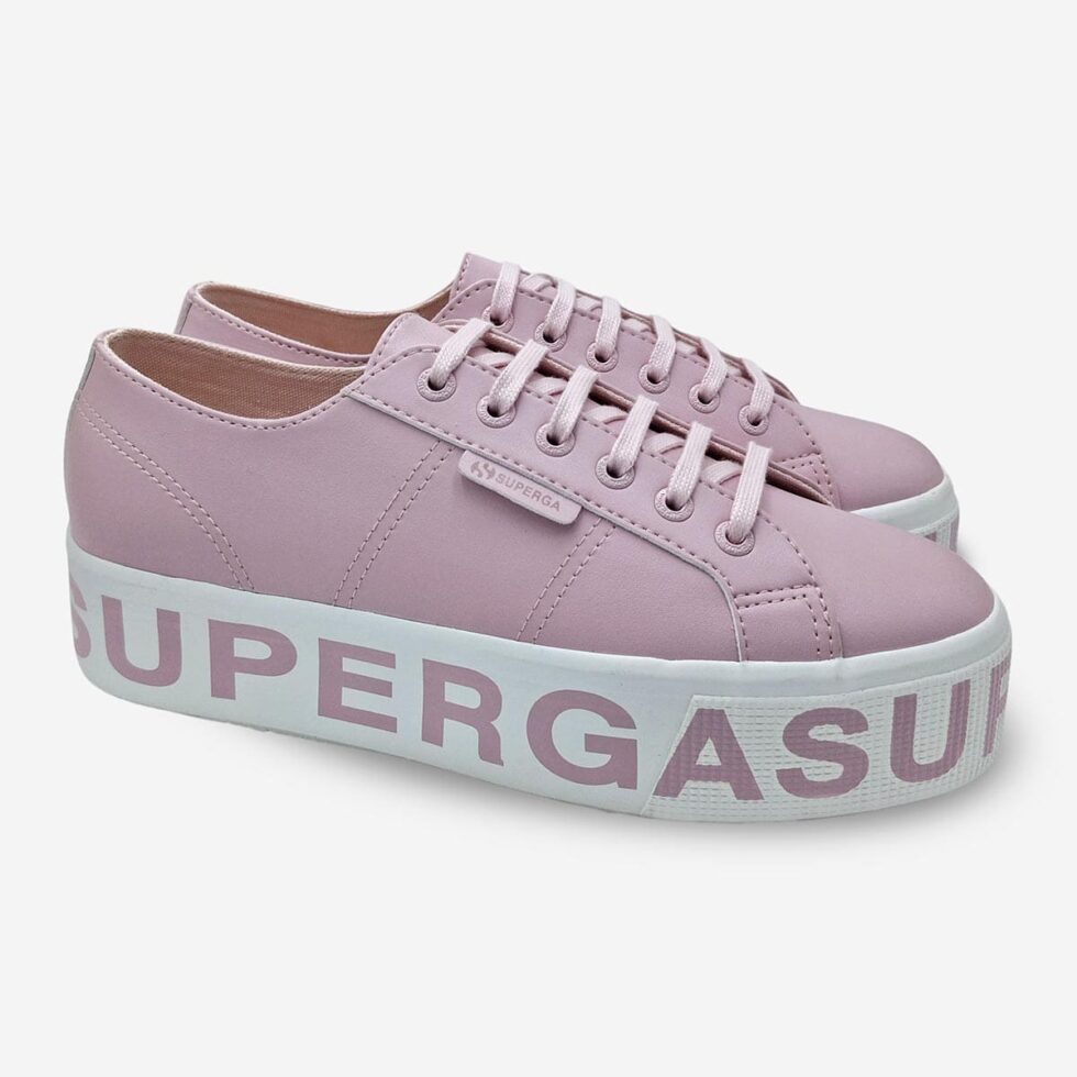 Pair of Superga 2790 pink platform vegan leather sneakers, angled view showing front and side