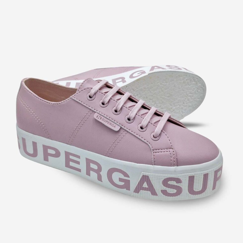 Pink Superga 2790 platform vegan leather sneakers, angled pair showing thick white rubber sole with pink lettering