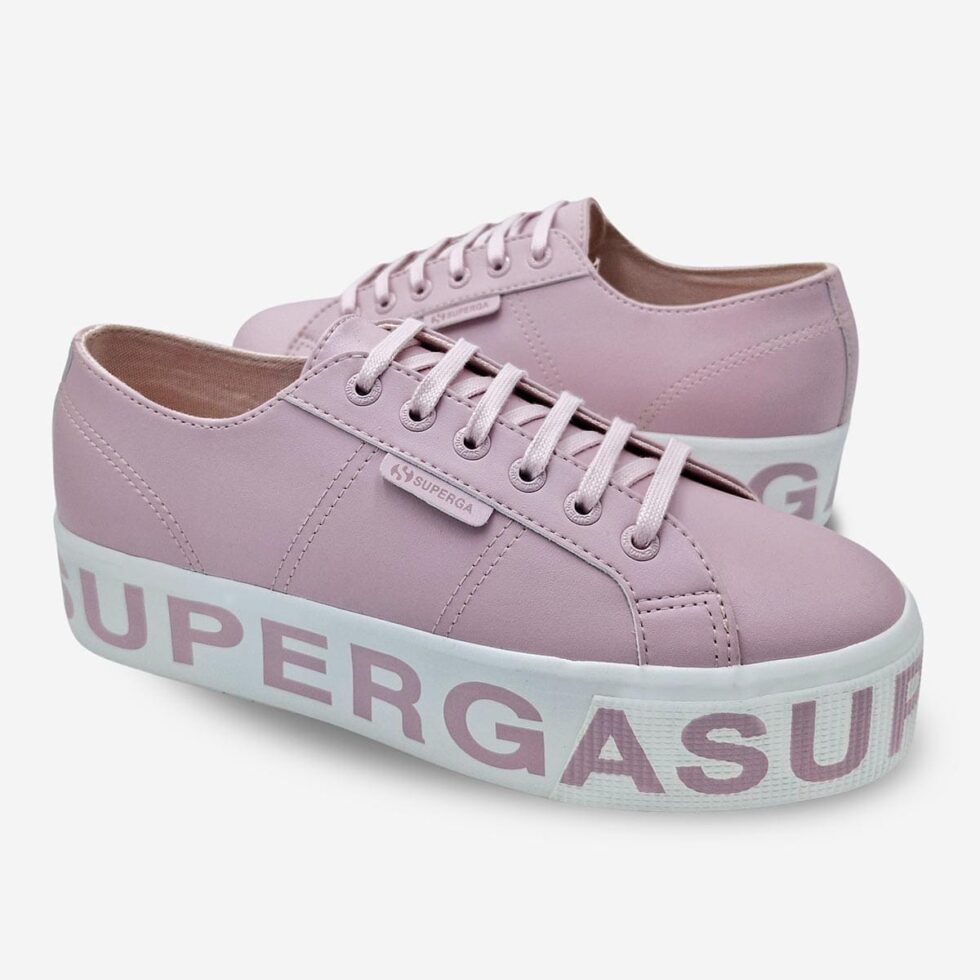Superga 2790 pink platform vegan leather sneakers, mirrored pair showing both shoes