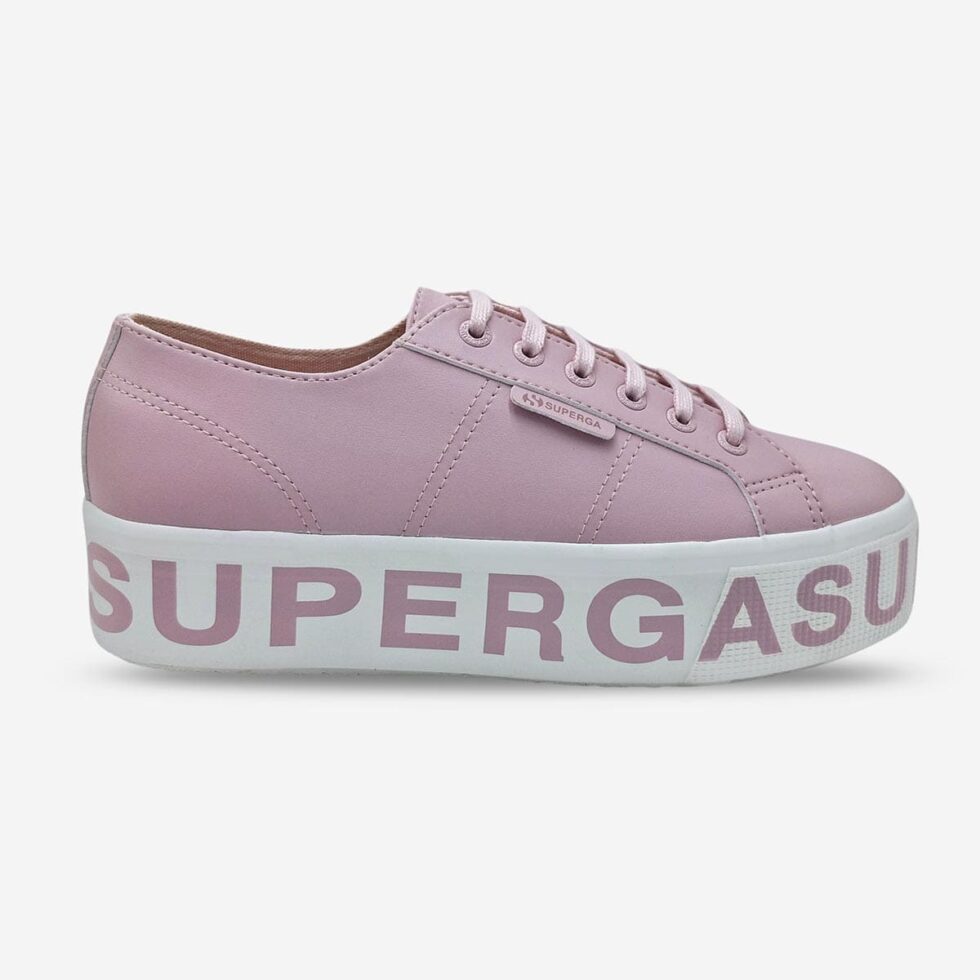 Superga 2790 platform sneaker in pink vegan leather, side-front view with side tab and outsole lettering