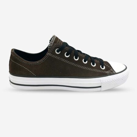 Chuck Taylor All Star suede OX chocolate low top side front angle with black laces